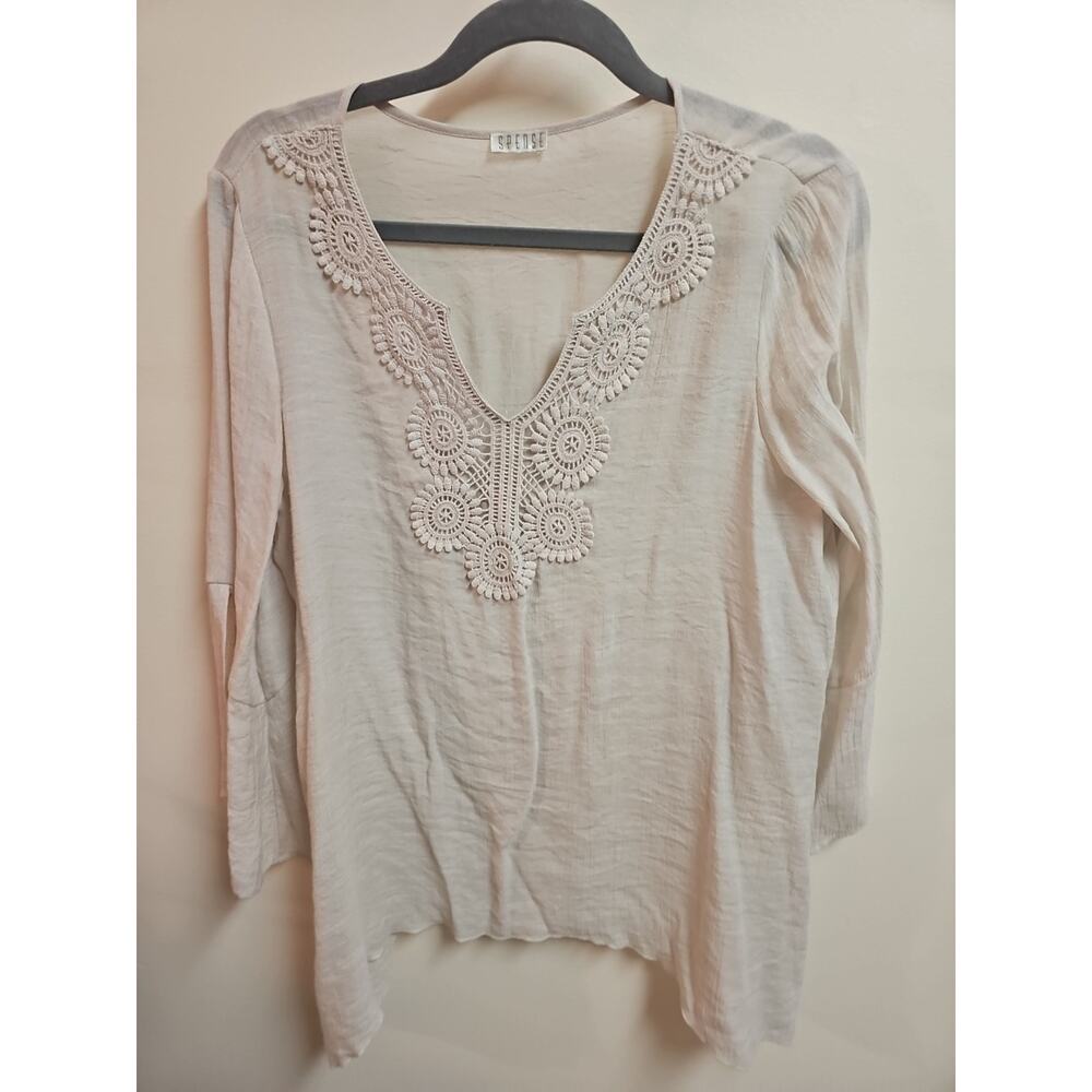 Spense Cream Tunic with Embroidery Flair Sleeves Size L PTP 21"